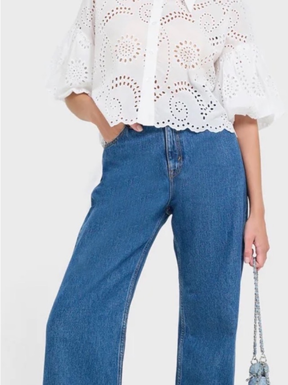 Cropped, white Pointelle blouse / button up